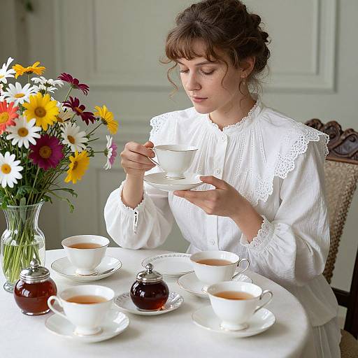 Photograph of a young woman with brown hair in an updo, wearing a white lace blouse, sipping tea at a table with colorful flowers,