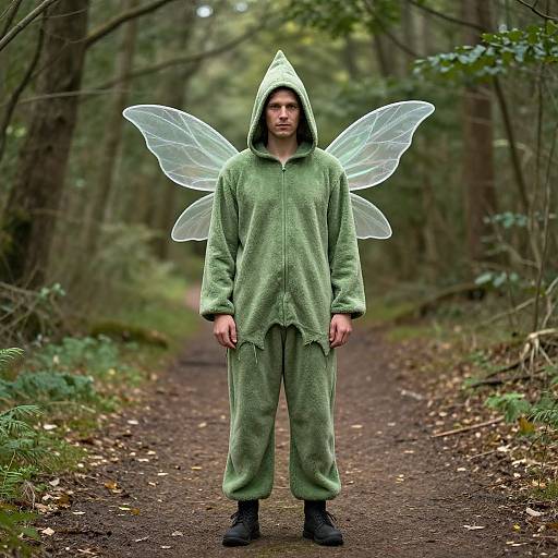 Photograph of a man in green hooded outfit with translucent fairy wings standing on forest path, surrounded by trees and foliage.