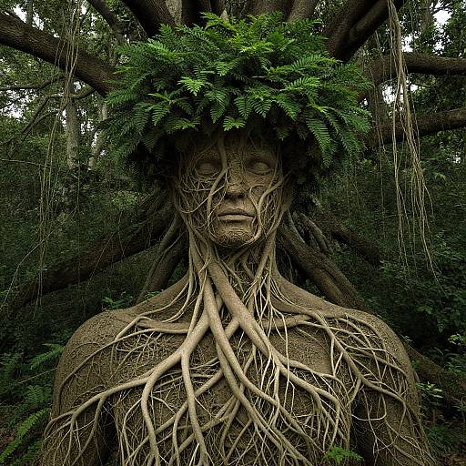 Photograph of a tree sculpture with a human face, roots covering its body, and a green leafy crown, set in a dense forest.