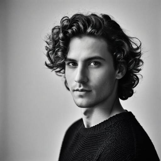 Black and White Portrait of Young Man with Curly Hair
