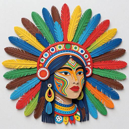 Colorful digital illustration of a Native American woman with bright feathers, intricate face paint, and traditional headgear, wearing a large red headdress and dangling
