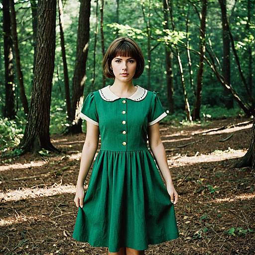 Woman in Vintage Green Dress in Forest