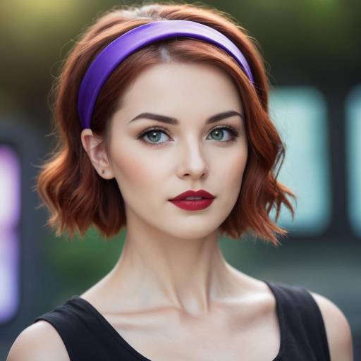 Portrait of Woman with Purple Headband and Red Lipstick