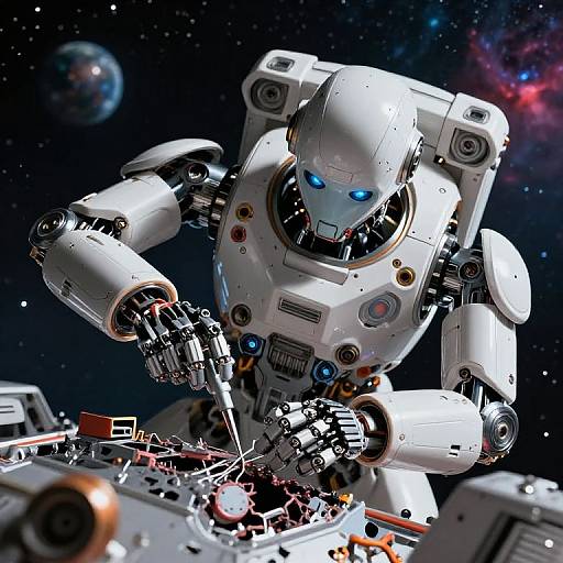 Digital illustration of a white, robotic astronaut with blue glowing eyes repairing a spaceship in outer space, with a colorful galaxy background.