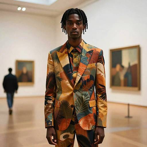 Young Man in Bold Printed Suit at Art Museum