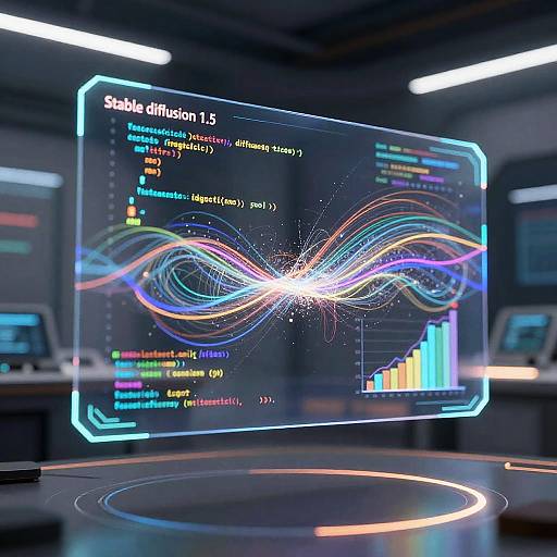 Digital CGI image of a futuristic control room displaying vibrant, neon-lit holographic data and wave patterns on a holographic screen.