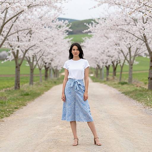 Asian woman with black hair, white t-shirt, blue floral skirt, and brown sandals stands on a gravel path lined with cherry blossoms. Photograph.