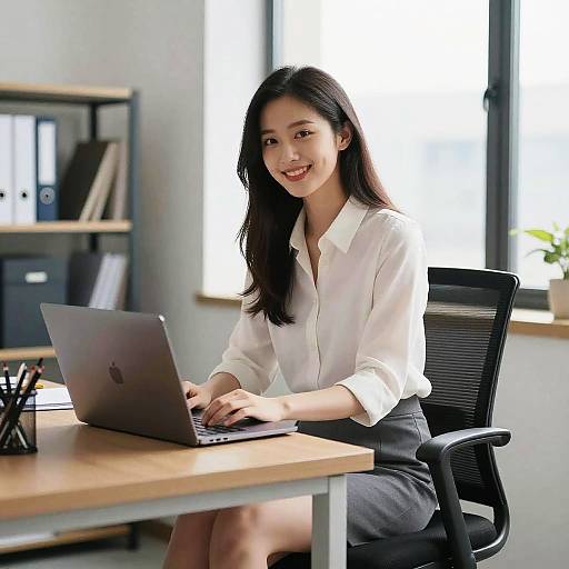 Photograph of an Asian woman with long black hair, smiling, wearing a white blouse and gray skirt, typing on a laptop in a bright office with