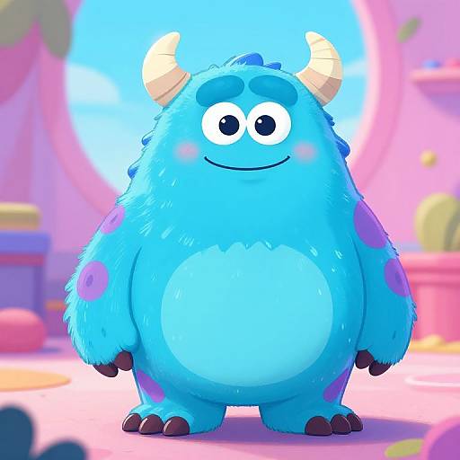 Digital cartoon of a chubby, blue, furry monster with large horns, purple spots, and a friendly smile, standing in a colorful, vibrant background.