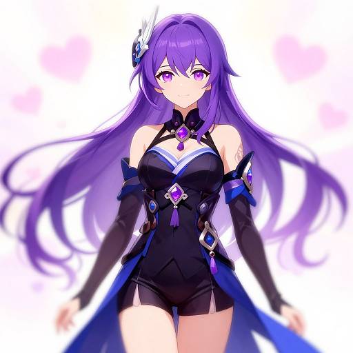 Digital anime-style drawing of a purple-haired, purple-eyed woman in a black, gem-embellished outfit with long flowing hair and a confident expression