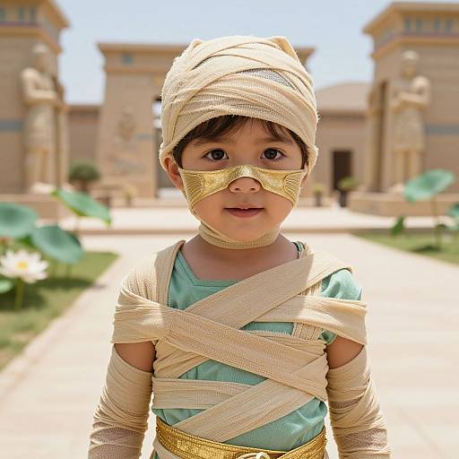 Photograph of a young child with large brown eyes, dressed in an Egyptian-themed costume with gold mask, white bandages, and green shirt, standing