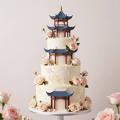 Photograph of an elegant, four-tiered wedding cake with white fondant, blue-roofed pagoda-style towers, and pink roses, set