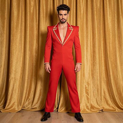 Photograph of a handsome man with dark hair and beard, standing confidently in a bright red suit with white trim, black shoes, against golden curtains.