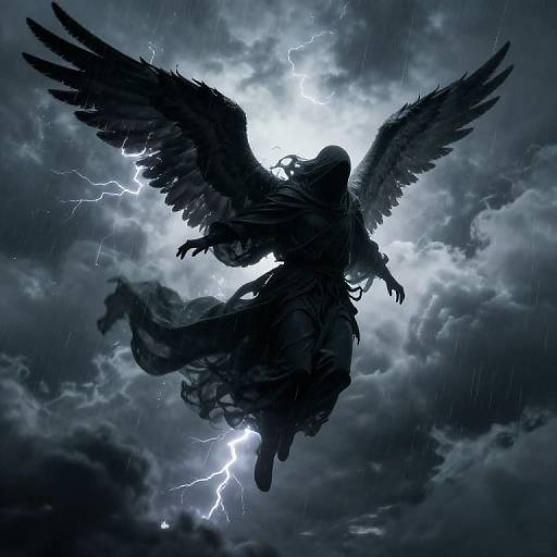 Silhouetted angel with outstretched wings flying amidst a stormy, lightning-filled sky. Dark, dramatic clouds surround the glowing, bright lightning