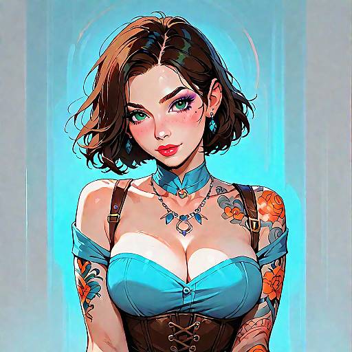 Tattooed Woman in Denim Corset Portrait