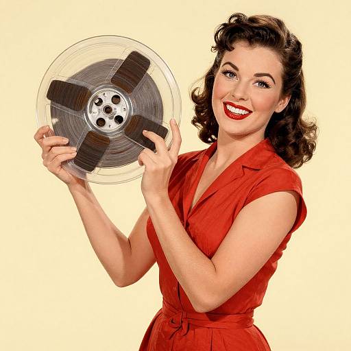 Vintage-style photograph of a smiling woman with curly brown hair, wearing a red dress, holding a classic vinyl record against a plain yellow background.