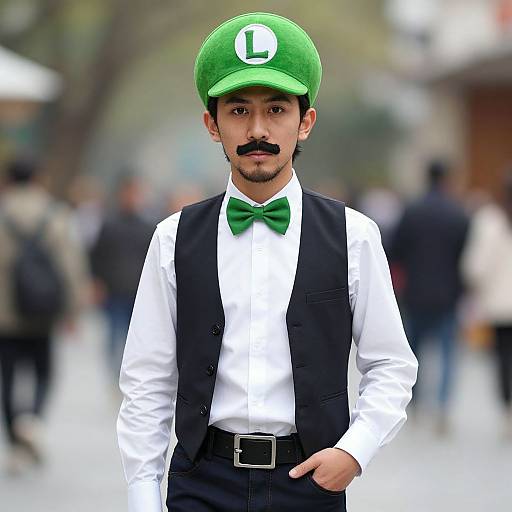 Photograph of a young Asian man with a mustache, wearing a green Mario hat, white shirt, black vest, green bowtie, and black