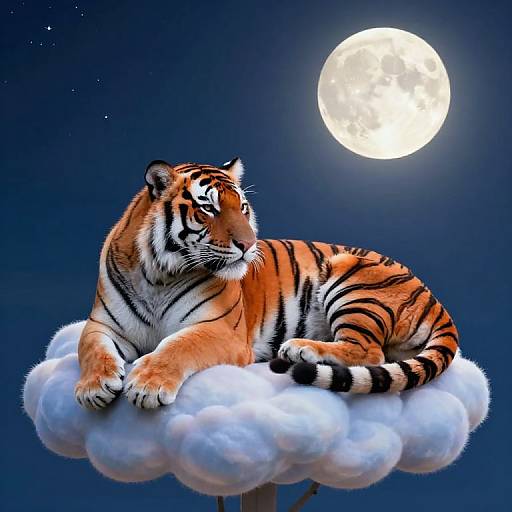 Photograph of a majestic tiger with vibrant orange and black stripes, lying on a fluffy white cloud under a bright full moon in a deep blue night sky