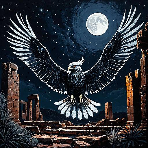 Moonlit Phoenix Over Ancient Ruins