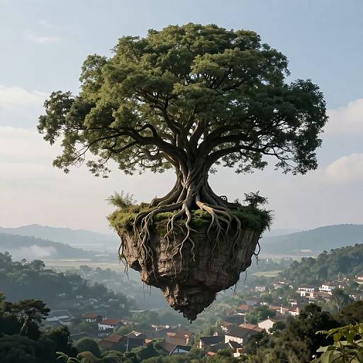 Floating Tree Island Above Village