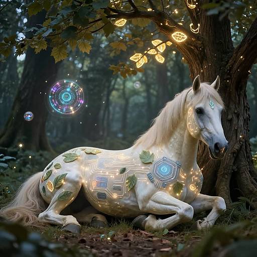 Glowing Cream Horse in Enchanted Forest