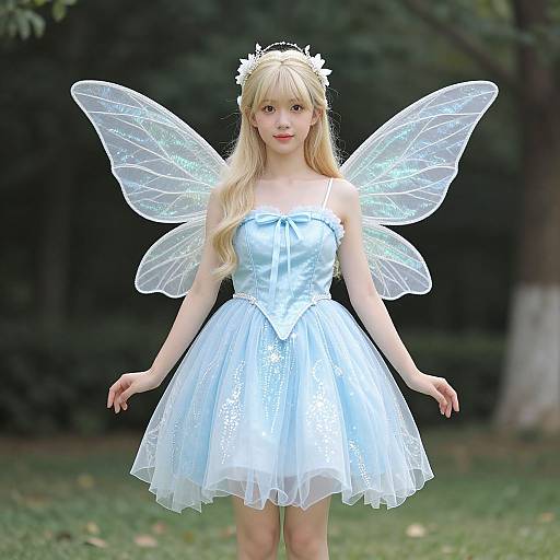 Photorealistic CGI of a blonde fairy with translucent wings, wearing a light blue, strapless, tulle dress and a floral headband, standing