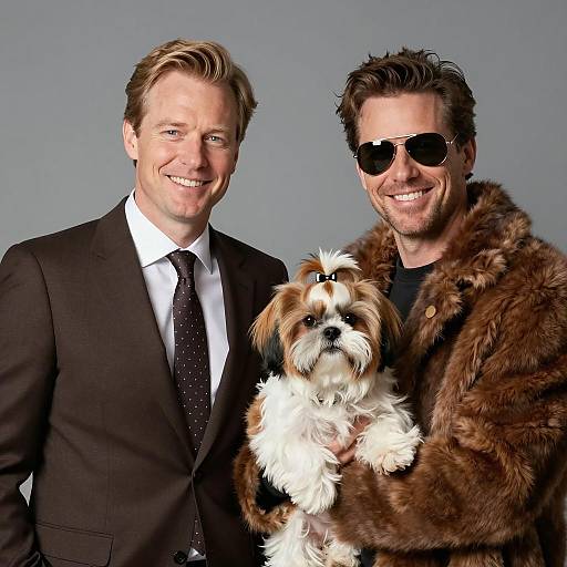 Two Men with Shih Tzu in Brown Outfits