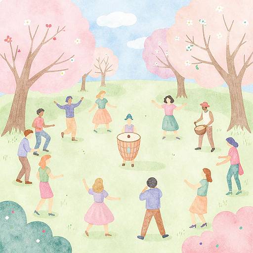 Whimsical watercolor illustration of a diverse group dancing in a grassy park with pink cherry blossoms, leafless trees, and a musician playing