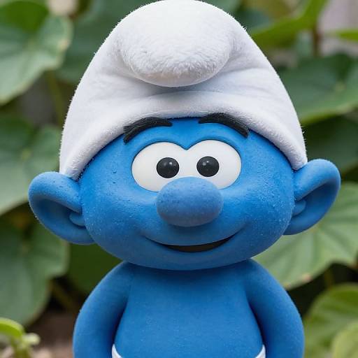 Photograph of a blue, cartoon-style monkey with large eyes, wearing a white towel on its head, set against a green leafy background.