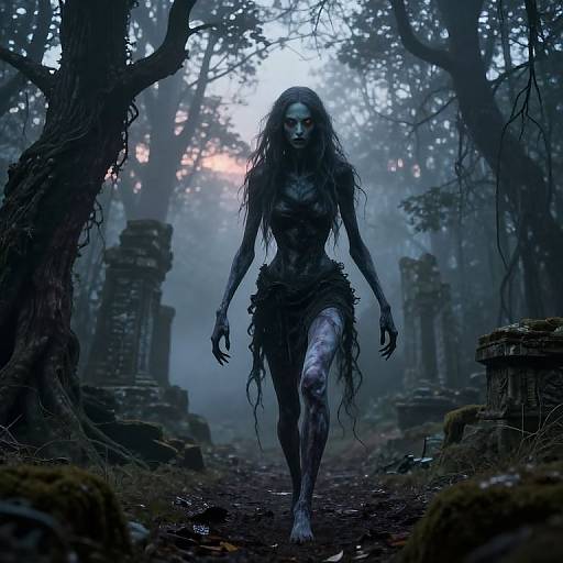 Digital artwork of a blue-gray, gaunt, skeletal-faced woman with long, tangled hair, wearing tattered foliage, walking through a foggy,