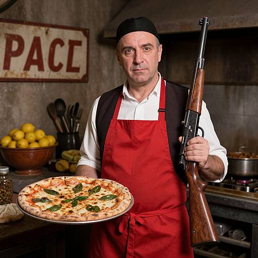 Photograph of a middle-aged man in a black cap and red apron, holding a pizza and rifle, standing in a rustic kitchen with lemons