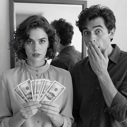 Woman Holding Money with Surprised Man Black and White