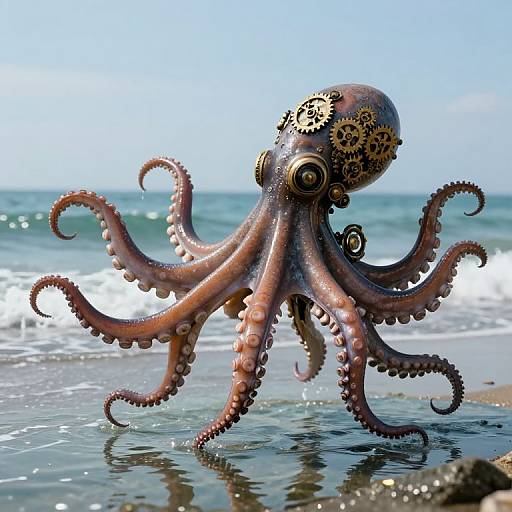 Photorealistic CGI of a steampunk octopus with gear-adorned head, pinkish-brown tentacles, and suction cups, standing