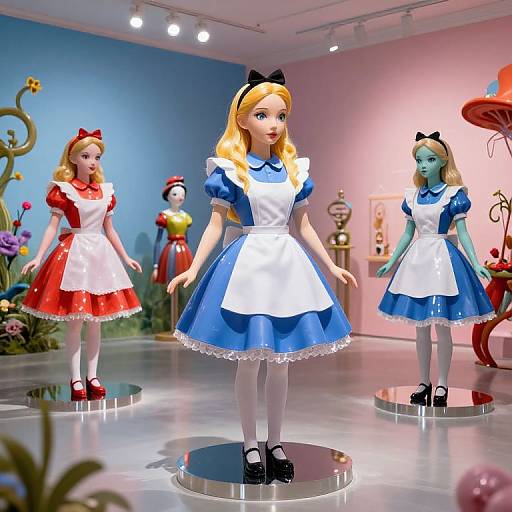 Photograph of CGI Alice in Wonderland dolls in blue, red, and green dresses, standing on circular platforms in a brightly lit exhibit room with colorful,