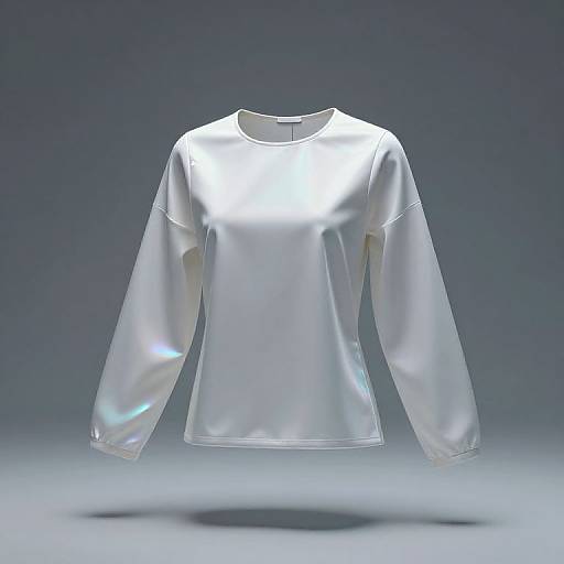 Photograph of a shiny, reflective, white long-sleeve shirt with a round neckline, illuminated from above, against a gradient blue background.