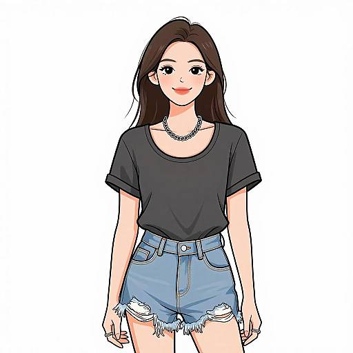 Digital anime-style drawing of a cute young woman with long black hair, black t-shirt, blue frayed denim shorts, and a silver necklace.