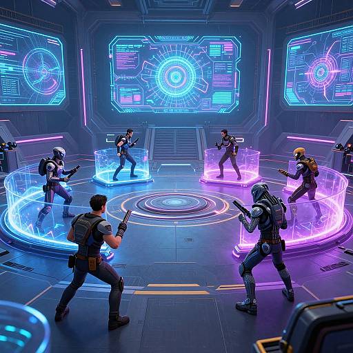 CGI sci-fi battle scene: six armored soldiers, neon blue and purple holographic circles, futuristic spaceship interior, glowing holographic control panels.