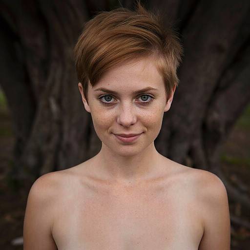 Photograph of a fair-skinned, short-haired woman with blue eyes, freckles, and small breasts, standing topless in front of a