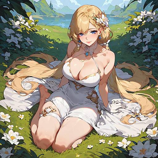 Digital anime-style illustration of a blonde woman with large breasts, blue eyes, and long hair, wearing a white dress, kneeling in a flower-filled me