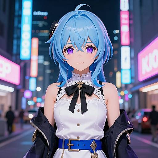 Digital anime-style drawing of a blue-haired girl with purple eyes, wearing a white lace dress, black bow, and black jacket, standing in a neon