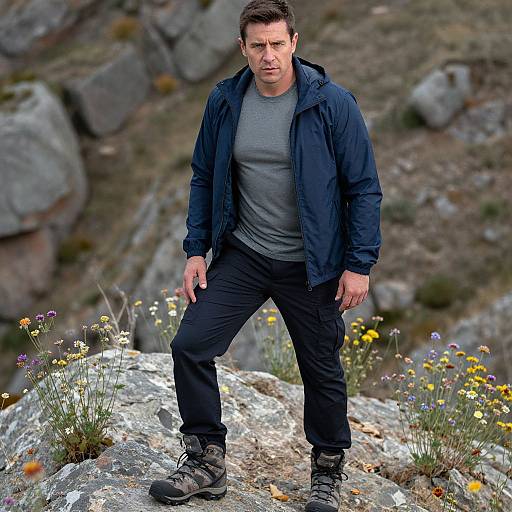 Photograph of a muscular, short-haired man in a blue jacket, gray shirt, black pants, and gray boots, standing confidently on rocky terrain with
