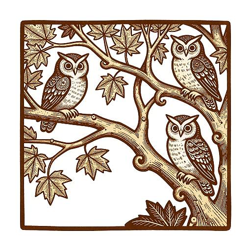 Intricate Woodcut Owls and Branches