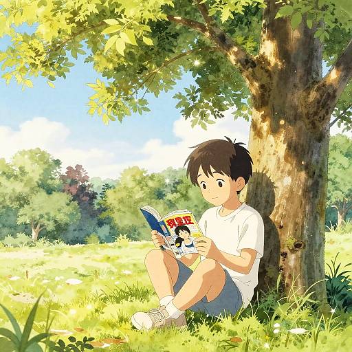 Japanese Boy Reading Manga Under Tree