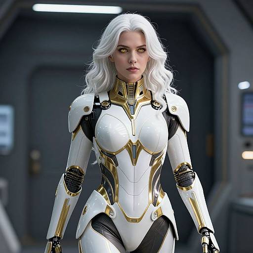 CGI image of a white-haired woman with glowing yellow eyes, wearing a futuristic white and gold armored suit, standing in a dark, sci-fi corridor
