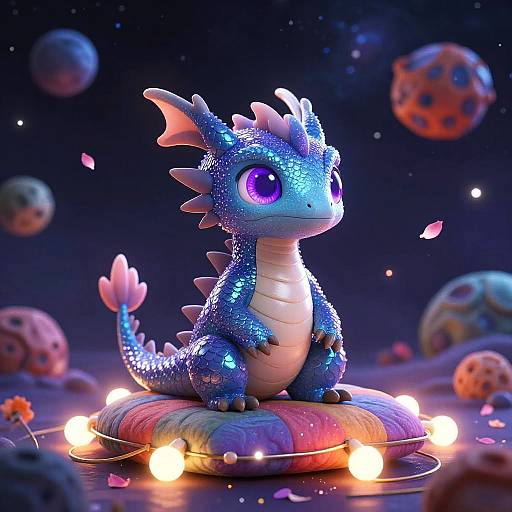Cute, blue, glittery dragon with large purple eyes sits on colorful cushion, surrounded by floating planets and fairy lights in a starry space.