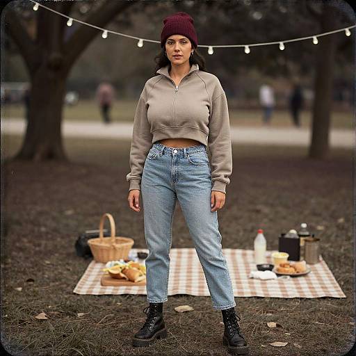 Slim Woman in Casual Streetwear Picnic