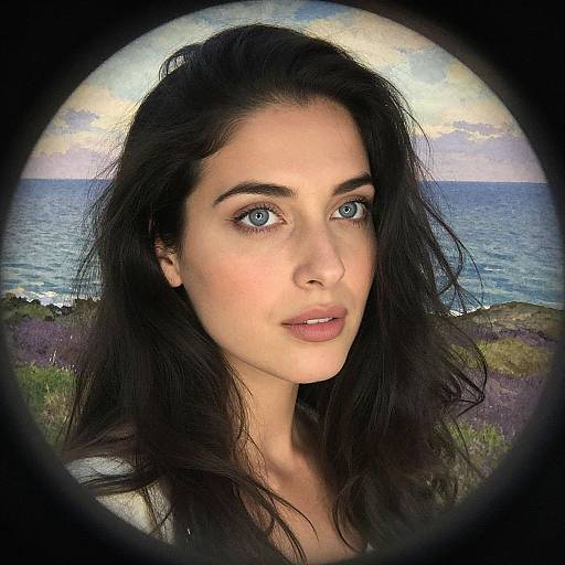 Photograph of a fair-skinned woman with blue eyes, long dark hair, and subtle makeup, standing by a coastal landscape with ocean and purple flowers