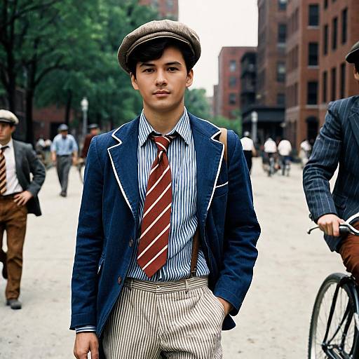 Young Man in Vintage Newsies Outfit on City Street