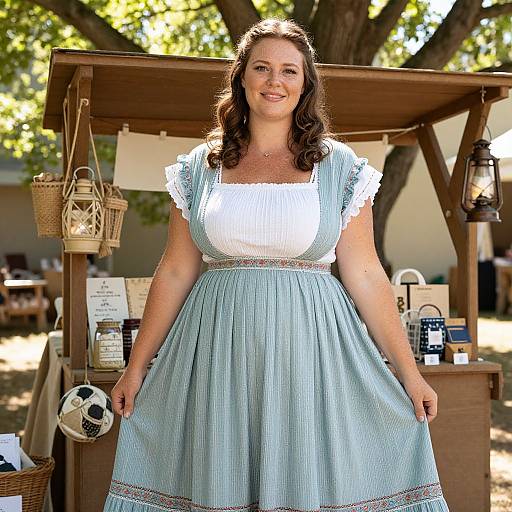 Photograph of a smiling, curvy woman with brown hair in a light blue, vintage-style dress, standing in front of a wooden market stall with