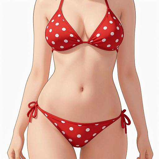 Photograph of a light-skinned woman wearing a red polka dot bikini, highlighting her medium-sized breasts and flat stomach with tied sides on the bottoms